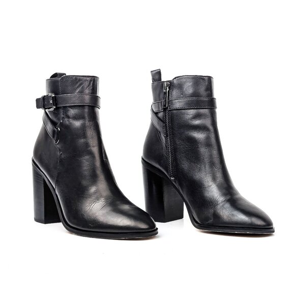 Michael Kors Women Aldridge Black Leather Buckle Zip Ankle Dress Office Boots 7 - Picture 1 of 9